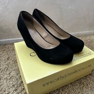 Cathy Jean Black Suede Wedge Heels